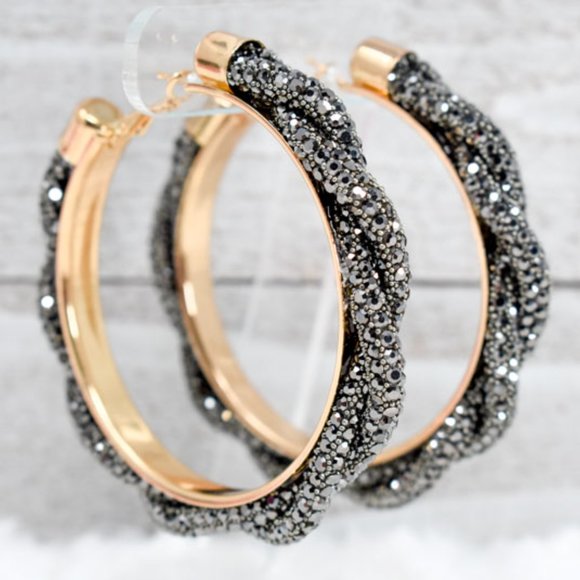 3" Braid Twist Hematite Rhinestone Hoop Earrings - Picture 4 of 12